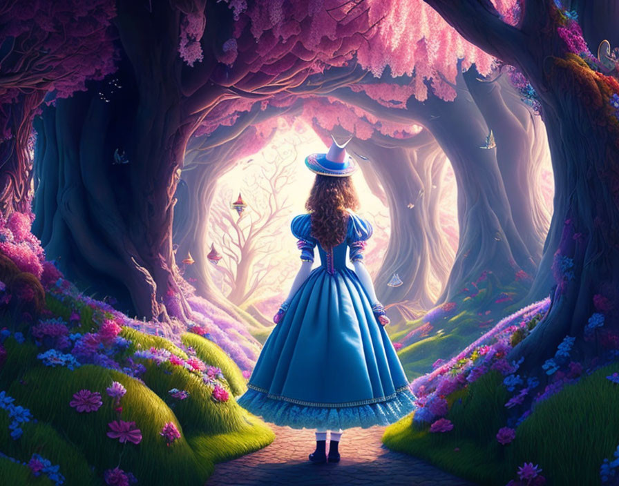 Woman in Blue Dress at Entrance of Purple-Flowered Forest