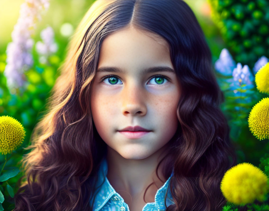 Young Girl with Long Brown Hair and Green Eyes Among Yellow Flowers