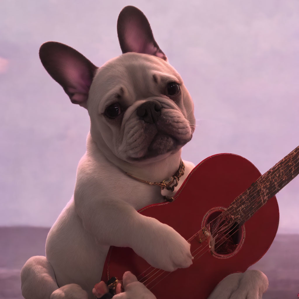 French Bulldog with heart-shaped guitar on purple background