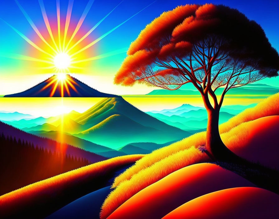 Colorful digital artwork: sunrise over rolling hills with lone tree.