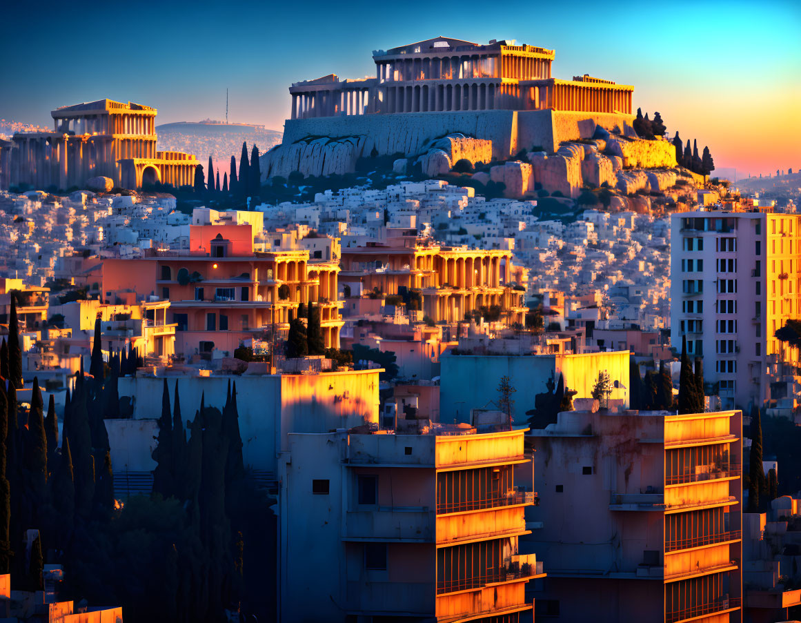 Iconic Acropolis of Athens at sunset overlooking cityscape.