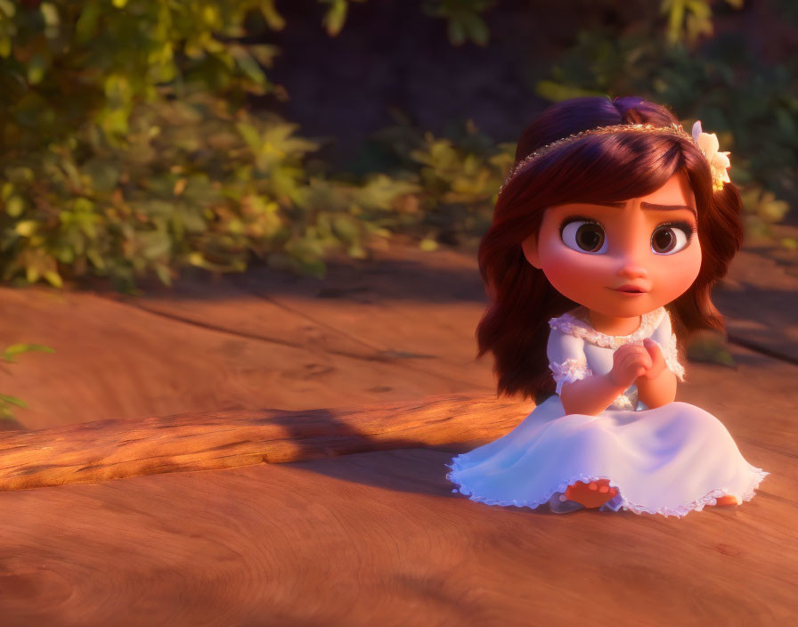 Young girl in white dress and tiara, animated with big eyes, kneeling in hope or concern