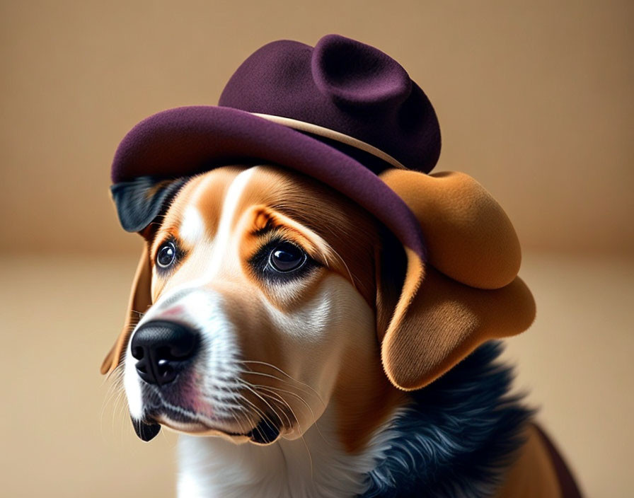 Soulful-eyed dog wearing stylish brown hat on warm backdrop