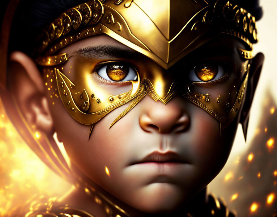 Child with intense eyes in golden helmet and armor.