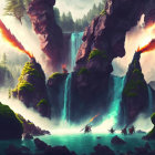 Majestic waterfall and winged creatures in lush landscape