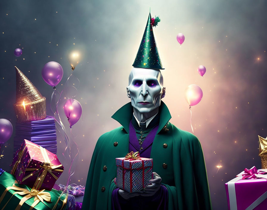 Skull-faced figure in party hat with gift among balloons and presents