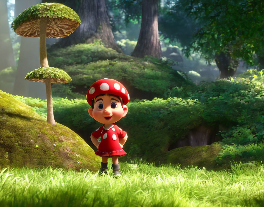 Digital illustration of Toadette in sunlit forest with mushroom trees