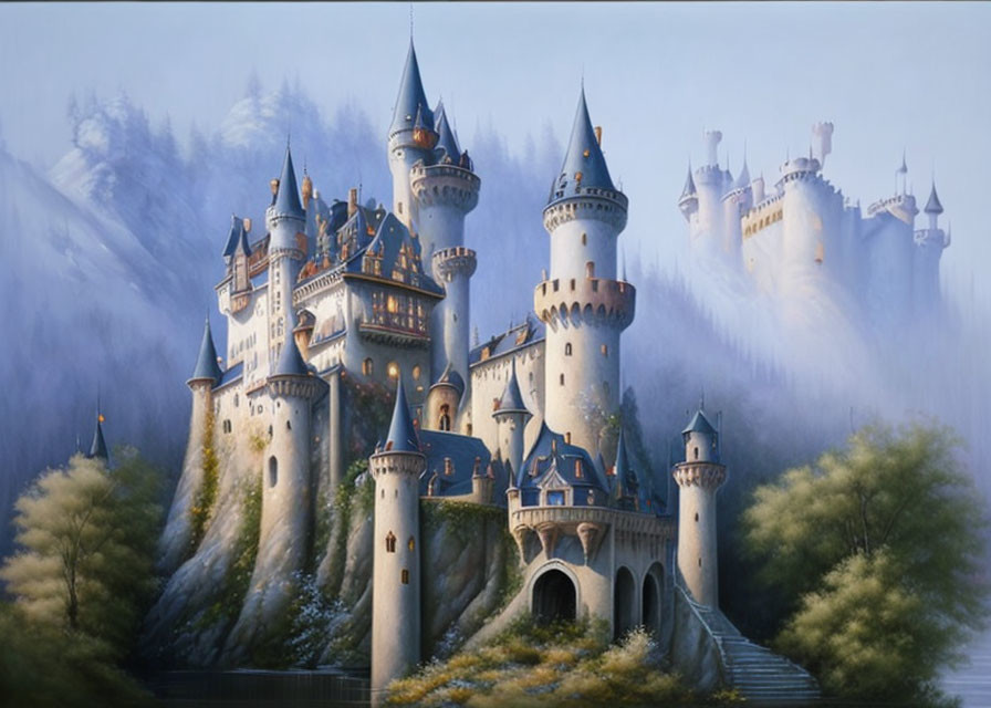 Castle with Multiple Spires on Misty Mountaintop