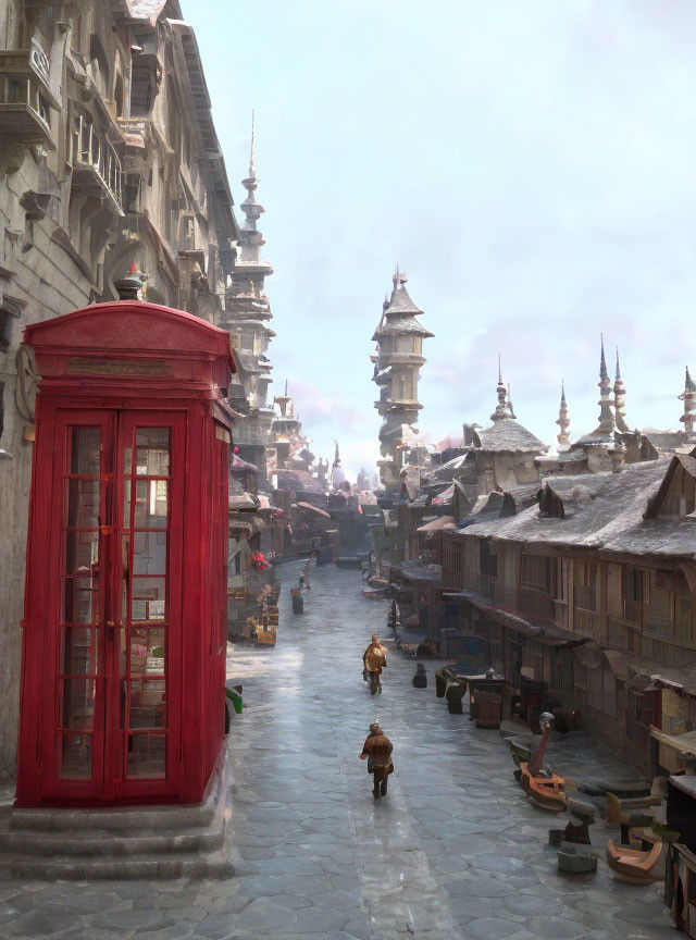 Traditional Old City Street Scene with Red Telephone Booth and People