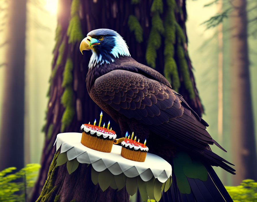 Majestic eagle beside mini birthday cakes in forest setting