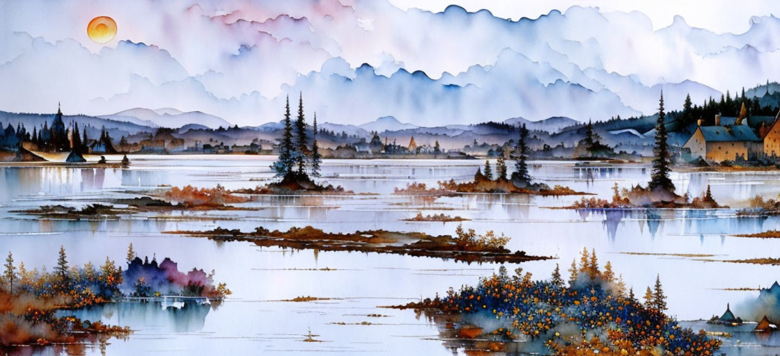 Tranquil watercolor landscape: serene lake, houses, trees, foliage, mountains, sunset