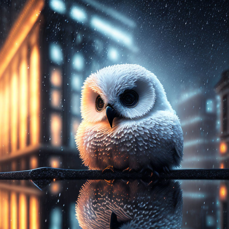 White Owl Perched on Railing in Snowy Twilight