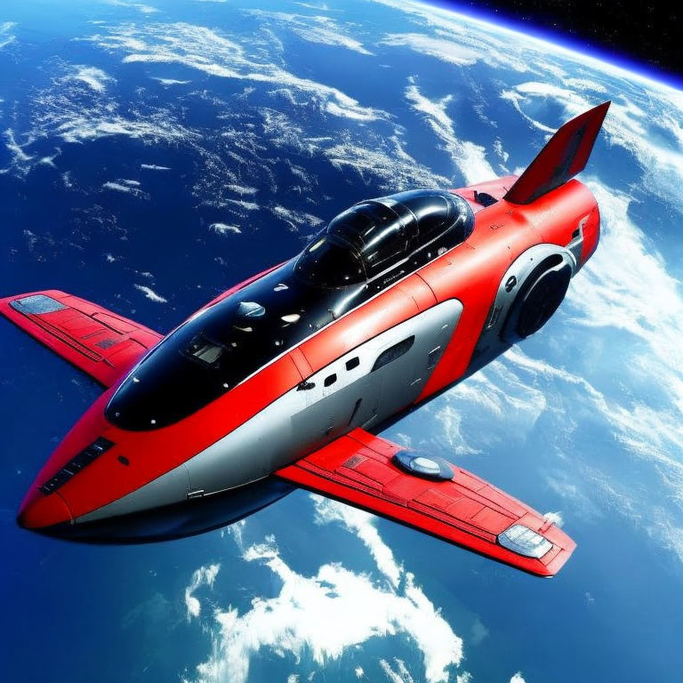 Red and White Futuristic Spacecraft with Transparent Cockpit Soaring into Space