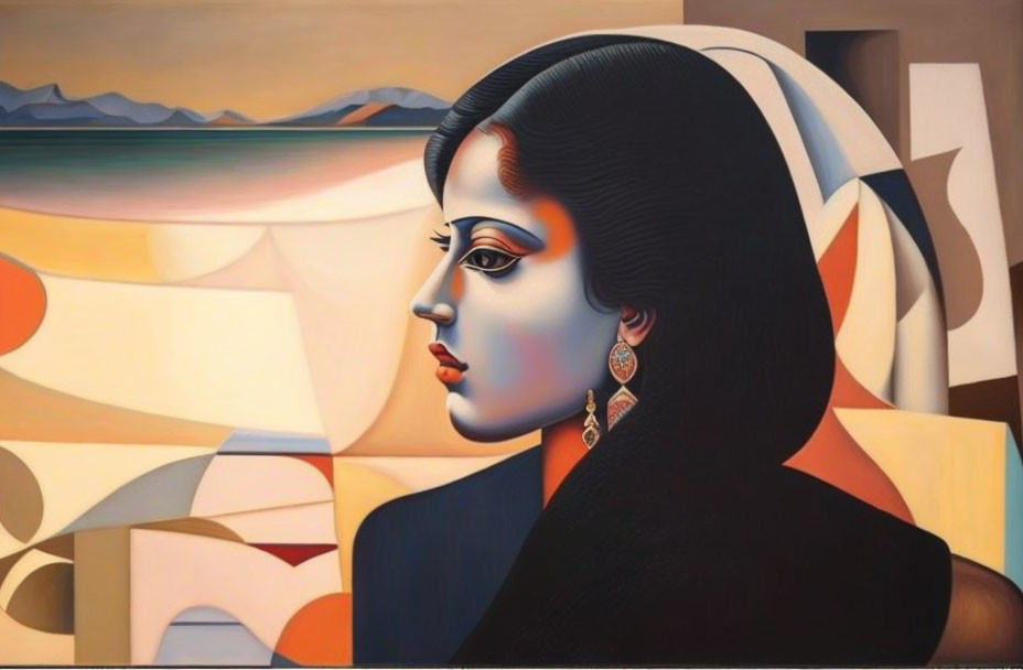 Surrealist painting: Woman in profile with geometric shapes & vibrant colors