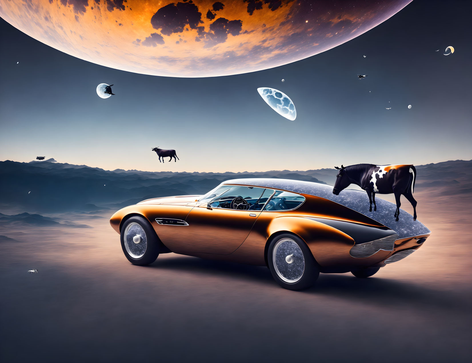 Classic Car in Surreal Desert Landscape with Floating Cows and Moons