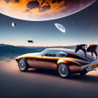 Classic Car in Surreal Desert Landscape with Floating Cows and Moons