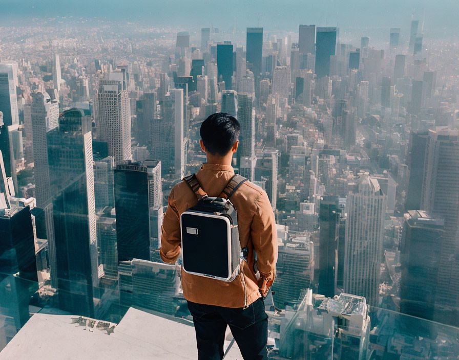 Man with Backpack Overlooking City Skyline from High Vantage Point