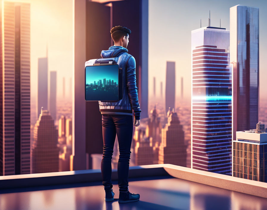 Person on Rooftop with Illuminated City Image on Futuristic Backpack