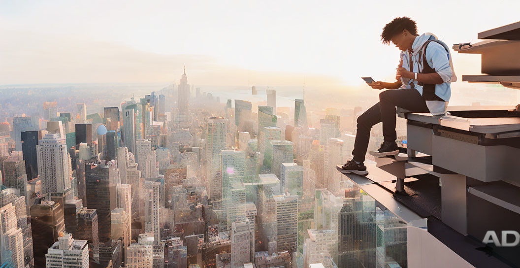 Person sitting on high ledge with cityscape backdrop at hazy sunrise