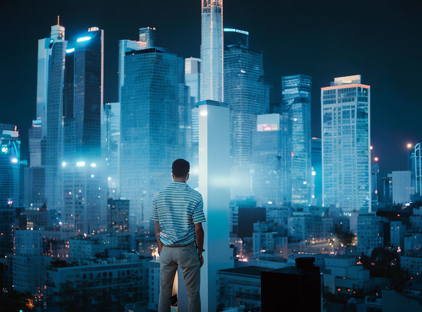 Man in striped shirt gazes at illuminated cityscape from rooftop at night