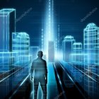 Man in striped shirt gazes at illuminated cityscape from rooftop at night