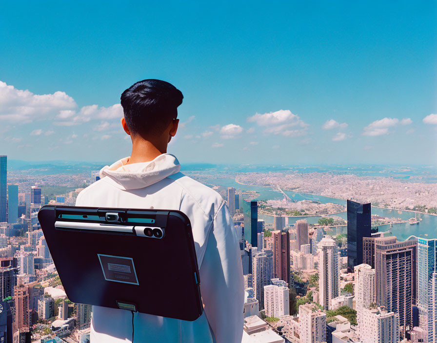 Person with Clipboard Observing Vibrant Cityscape