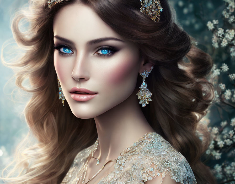 Digital Portrait of Woman with Blue Eyes, Wavy Hair, and Intricate Earrings amid White Bloss