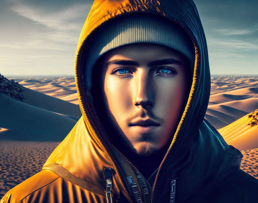 Person with bright blue eyes in yellow jacket stands in desert