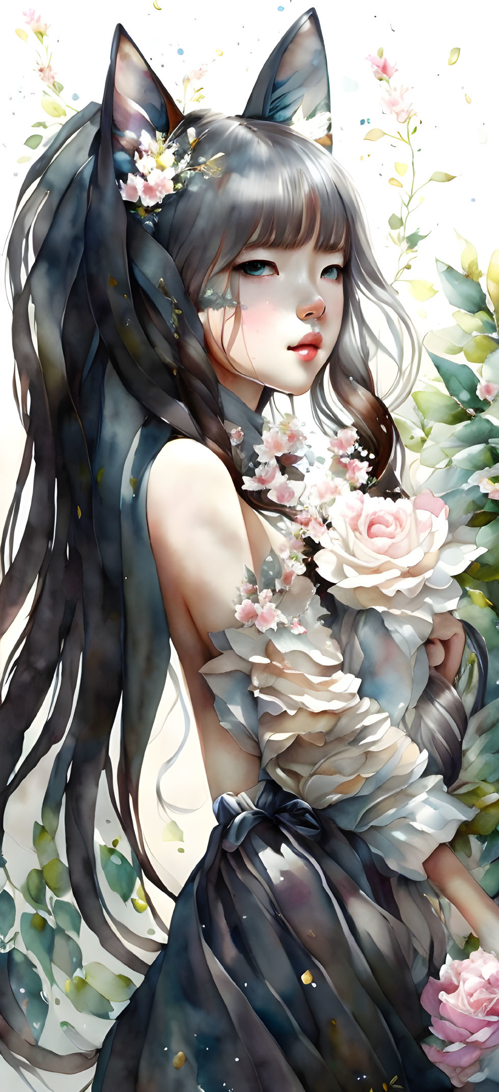 Anime-style illustration of girl with cat ears, long hair, holding flowers in floral backdrop.