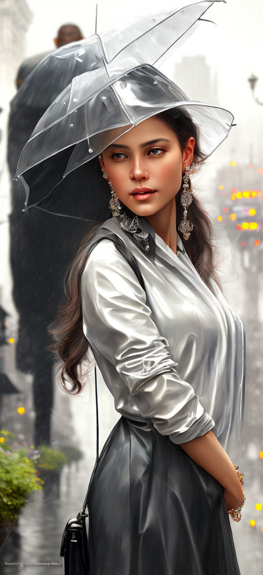 Striking-eyed woman in chic outfit with umbrella hat in rainy urban setting