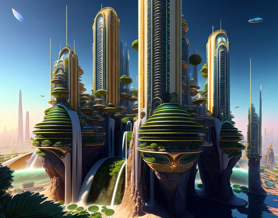 Futuristic cityscape with skyscrapers, greenery, waterfalls, and flying vehicles