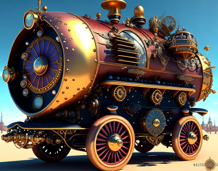 Intricate steampunk-style train with metallic embellishments against blue sky