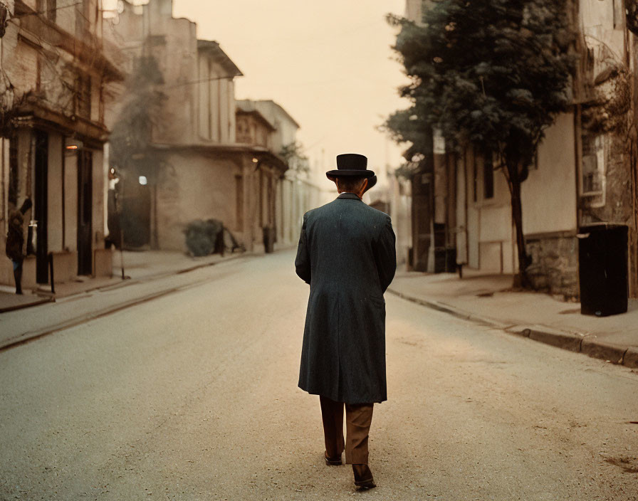 Man in coat and hat walking on desolate street at dusk