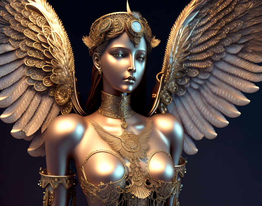 Detailed 3D illustration of golden female android with feathered wings