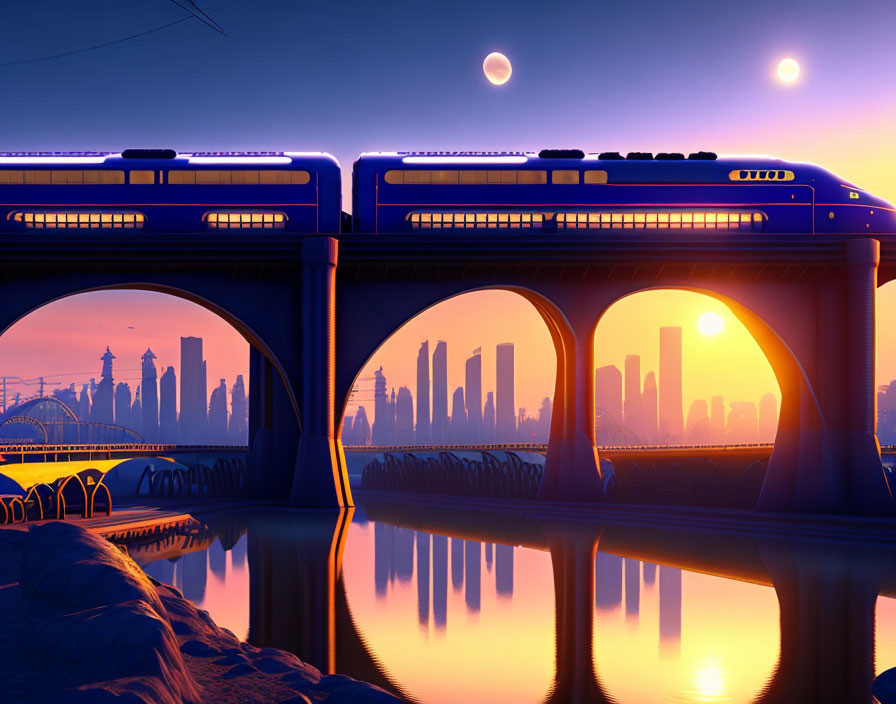 Double-decker bridge with futuristic trains, city silhouette, sunset, and dual moons.