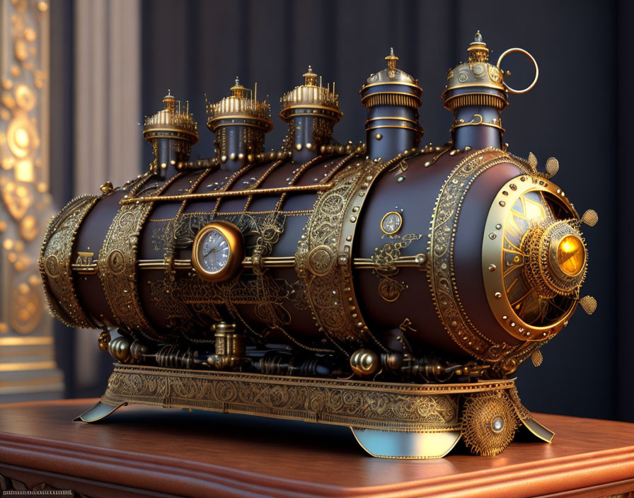 Steampunk submarine model with brass and bronze gears on wooden surface