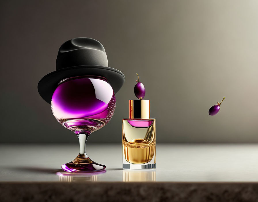 Vintage hat on martini glass with purple liquid, perfume bottle, and cherry.