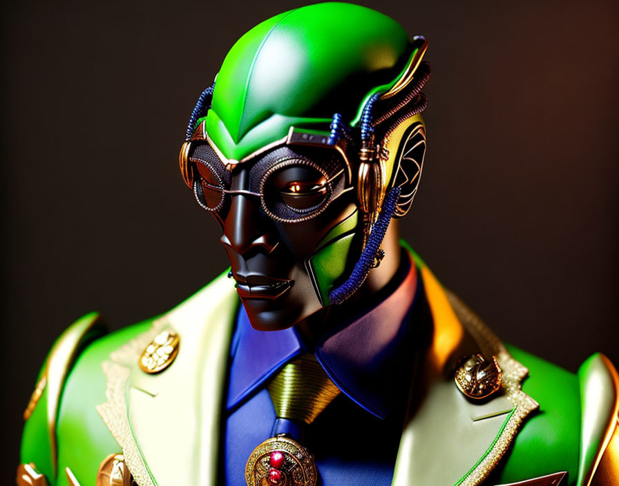 Colorful Stylized Male Android with Green and Metallic Features in Military Jacket