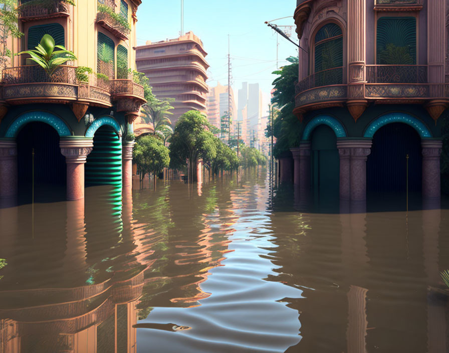 Submerged cityscape with flooded streets and classical architecture.