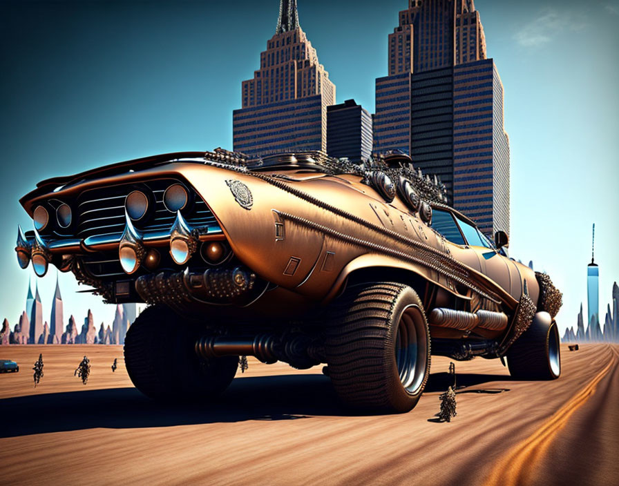 Bronze futuristic vehicle racing in desert towards cityscape