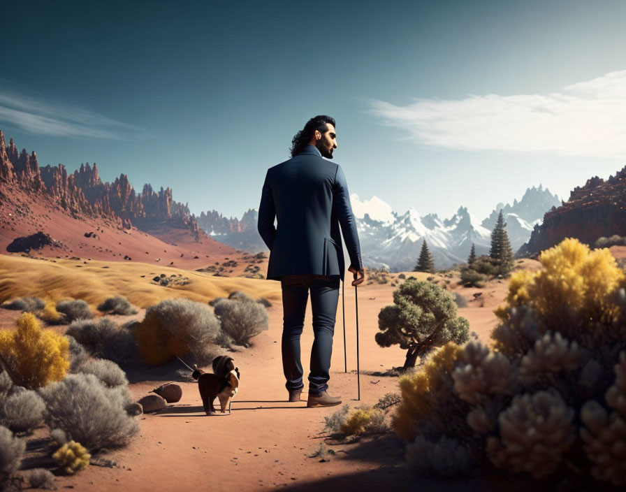 Man in suit with small dog in surreal desert landscape.