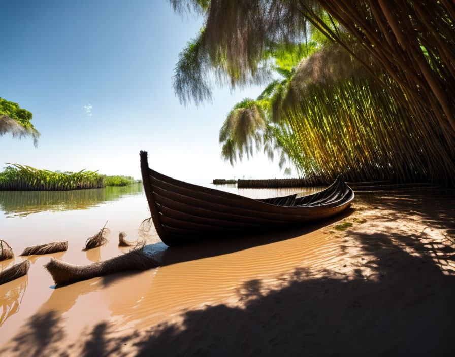 Tranquil traditional wooden boat on sandy shore under overhanging trees