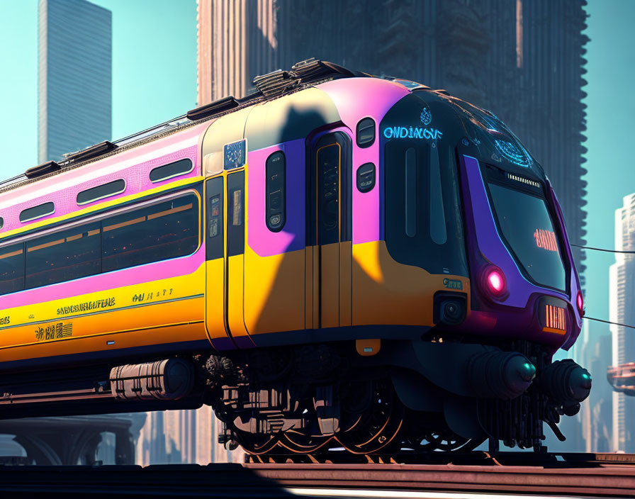 Vibrant purple and yellow futuristic maglev train in cityscape