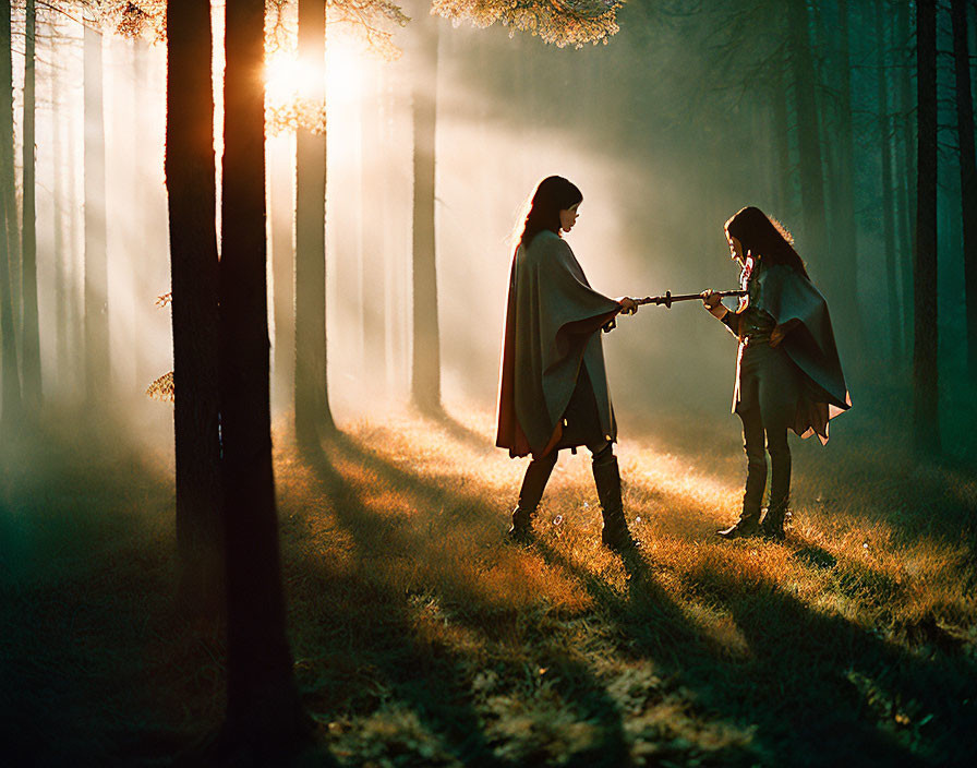 Cloaked figures swap sword in misty forest with sunbeams.