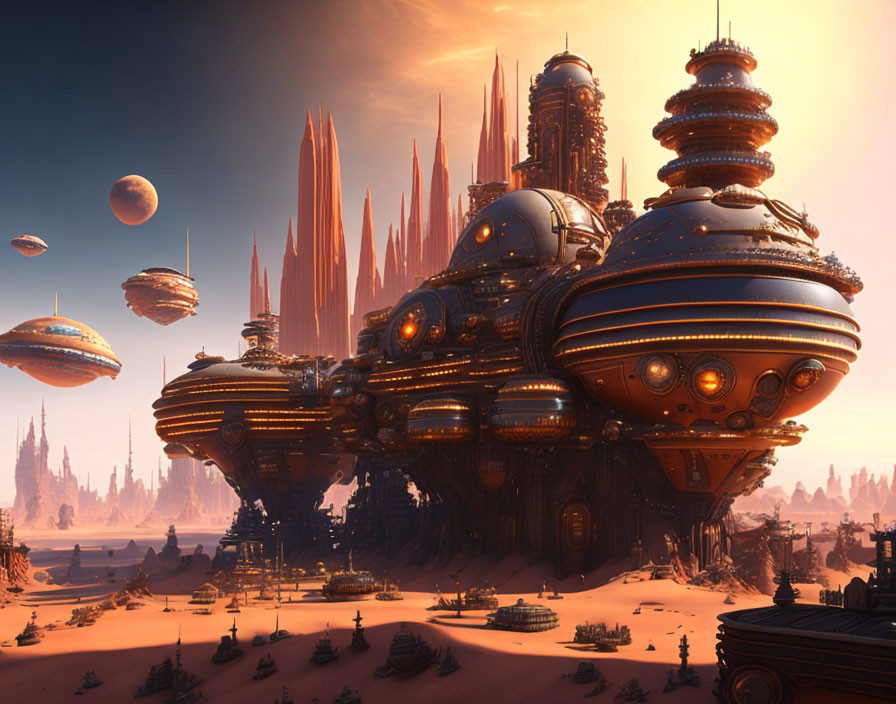 Futuristic cityscape with towering spires, spherical buildings, spacecrafts, and orange sky.