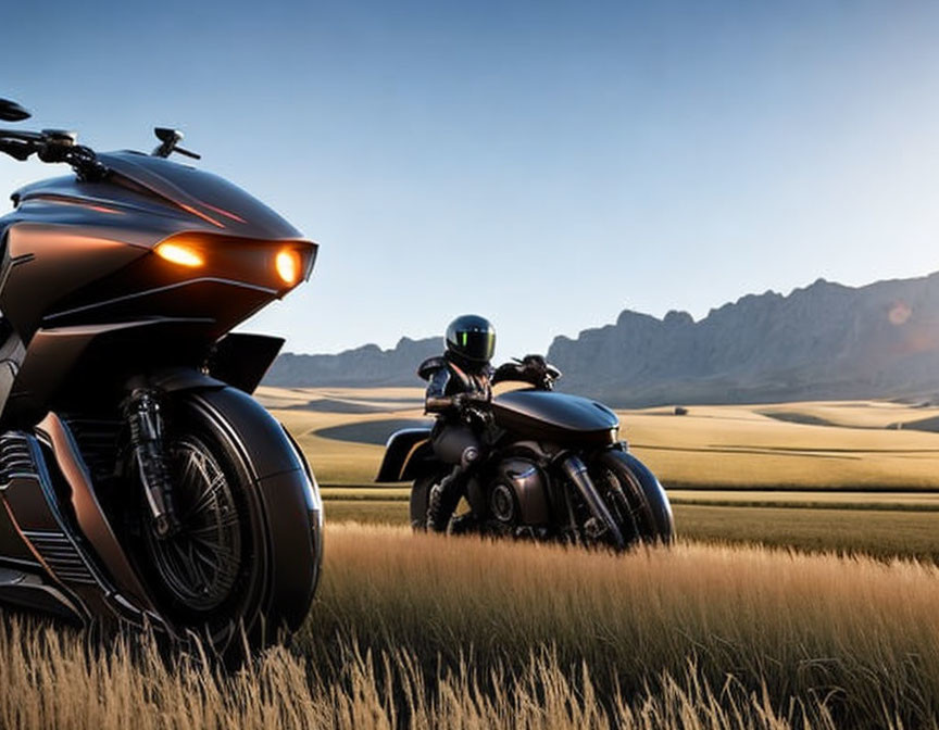 Motorcyclist in full-face helmet rides modern bike through scenic countryside