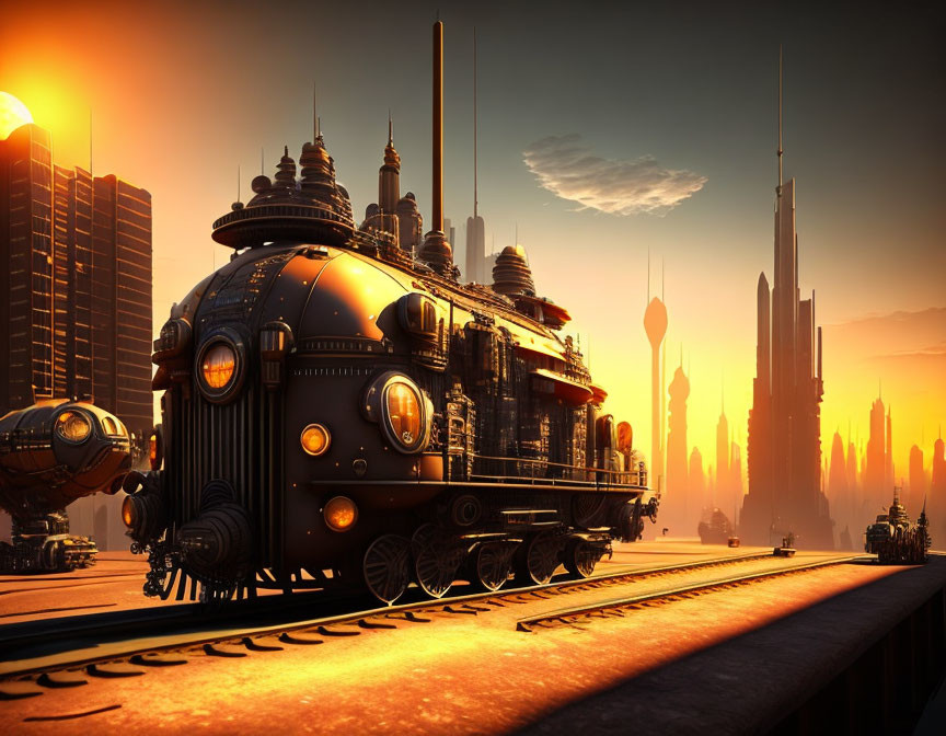 Elaborate Design Futuristic Train on Sunlit Cityscape