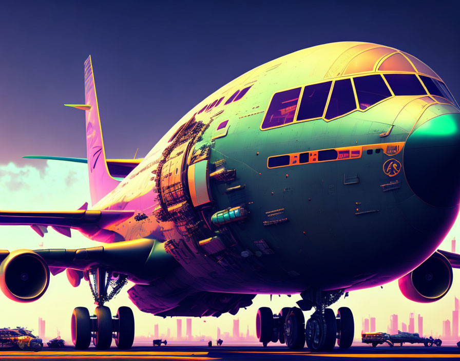 Commercial airplane on tarmac at sunset with purple and orange sky