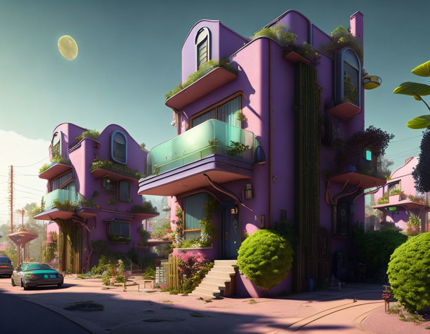 Purple futuristic houses in whimsical street scene with crescent moon