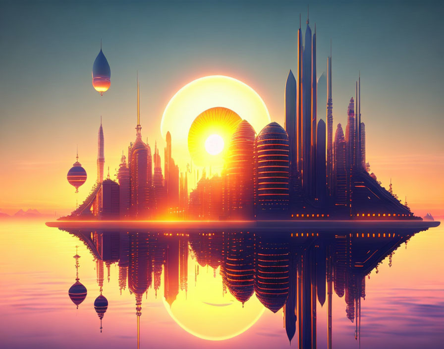 Futuristic cityscape with sleek skyscrapers, airships, and sunset reflection